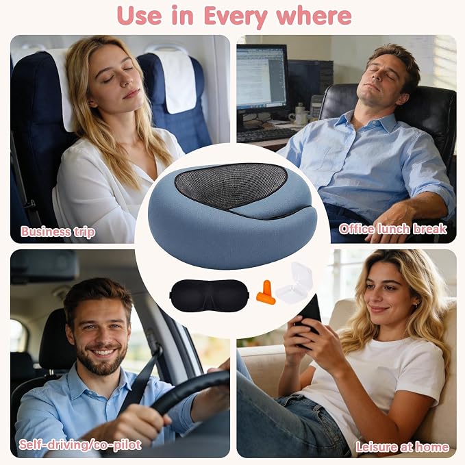 Memory Foam Neck Pillow,2026 World Cup Travel Pillow,Neck Pillow Airplane with Eye Mask & Ear Plugs,Memory Foam 360 Degree Support Stowable Pillows for Airplanes Offices and Cars (Blue) - Image 8