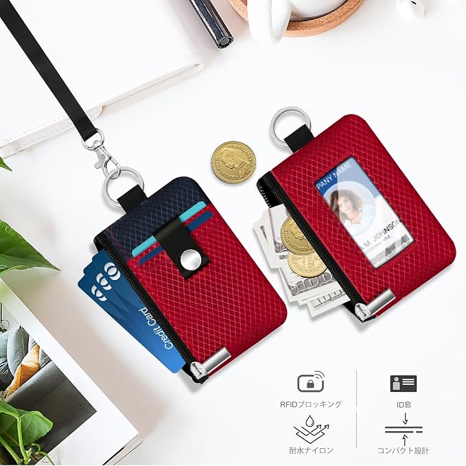 Minimalist RFID Blocking Small Wallet with ID Window,WaterResistant Zip Id Case Wallet with Lanyard Keychain for Cards,Cash,Travel,Women,Men (Red/Dark blue) - Image 8