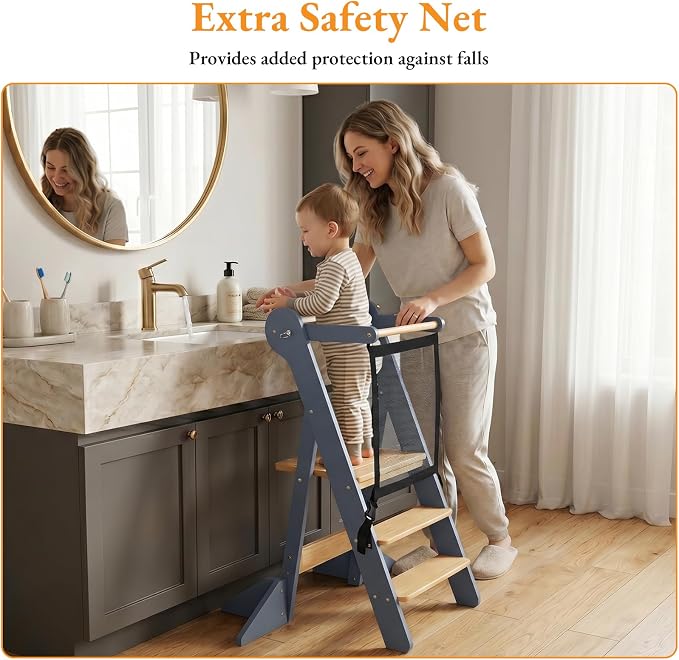 COSYLAND Toddler Standing Tower Foldable Toddler Kitchen Step Stool | Adjustable Height Folding Step Stool for Kids Learning and Cooking - Ages 18 Months to 6 Years with Safety Net Natural & Grey - Image 7