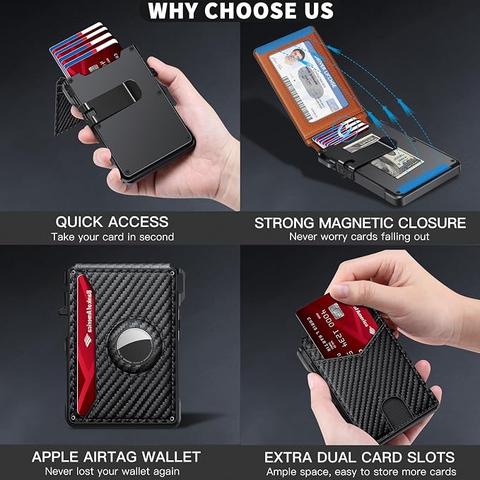 Airtag Wallet for Men, Mens Smart Wallet for Air Tag RFID Blocking, Minimalist Bifold Pop Up Aluminum Credit Card Case Holder 12+ Cards with ID Window, Gift for Men, No Airtag Included (Carbon Orange) - Image 6