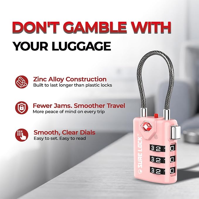 SURE LOCK TSA Approved Luggage Locks with Open Alert Indicator, 3 Digit Combination Cable Travel Lock for Suitcase, Backpack, Gym Locker, Toolbox & Travel Bag(2, Pink 2 Pack) - Image 6