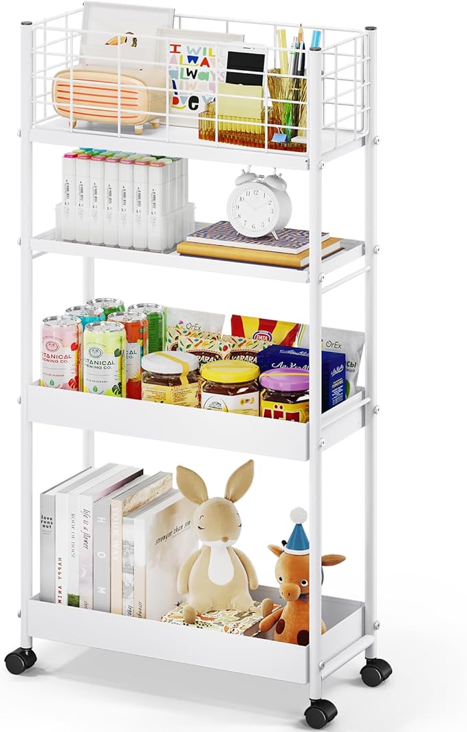 KINGRACK 4 Tier Slim Rolling Cart, Metal Utility Storage Cart with Wheels | 5.7" Raised Edge, Narrow Space Trolley Organizer for Bathroom, Kitchen, Office, Dorm, Laundry, Living Room, White by KINGRACK