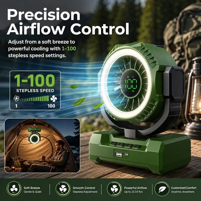 3-in-1 Portable Camping Fan, 20000mAh Rechargeable Fan with 1-100 Speeds | Auto-Oscillating Cordless Battery Powered Fan with 12H Timer, LED Lantern, Display, Gift for Men Women, Travel, Jobsite, Tent - Image 2