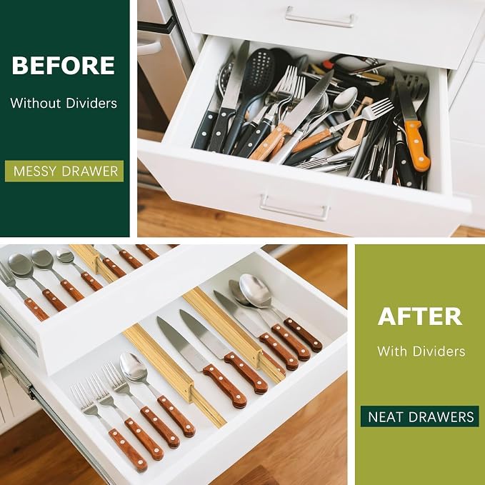 Kitchen Drawer Dividers 6 Pack Bamboo Drawer Organizers | 17-22" Adjustable, Spring Loaded, Expandable Utensil Organizer, Works in Kitchen, Dresser, Closet, Bathroom, Bedroom - Image 2