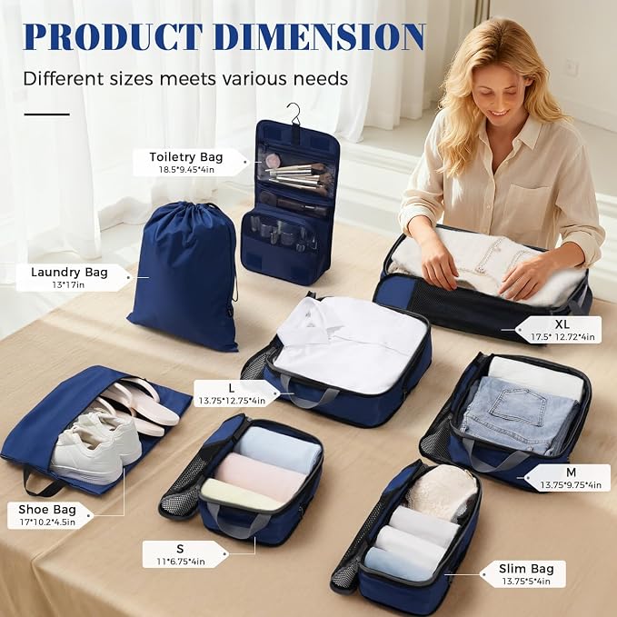 BAGAIL 4 Set/6 Set/8 Set Compression Packing Cubes Travel Accessories Expandable Packing Organizers(HalfMesh,8-Navy) - Image 2