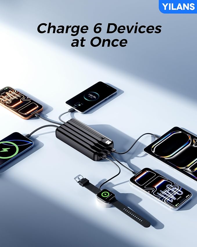 YILANS Portable Charger 50000mAh, 22.5W Power Bank with Built-in 4 Cables | Charges 6 Devices, Fast Charging Travel Essential, External Battery Phone Pack for iPhone 17-12, for Samsung/Android/iPad - Image 3
