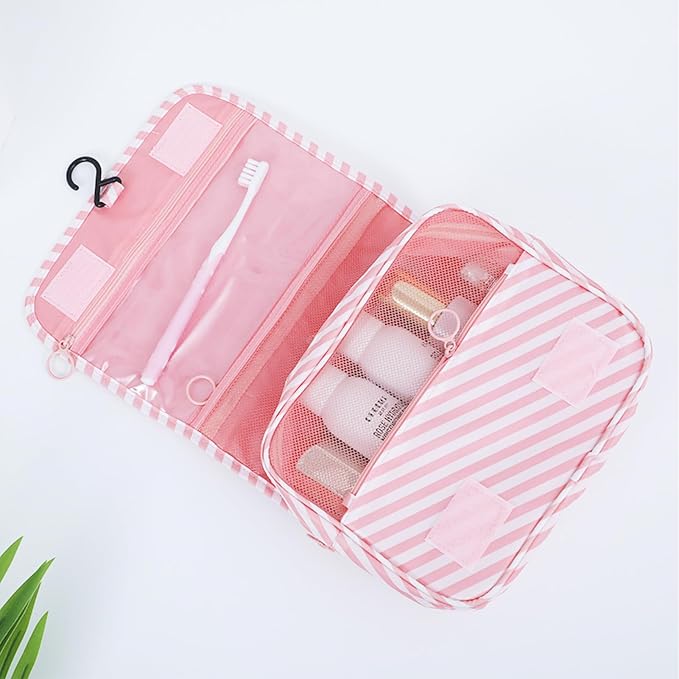 Travel Toiletry Bag for Women, Hanging Toiletry Bag with Multi-Pockets, Toiletry Bag for Traveling Easy Clean, Travel Organizer Bag Pink-strip - Image 6