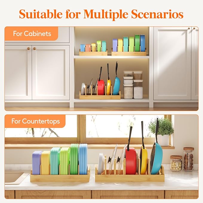 Lifewit Bamboo Lid Organizers for Inside Cabinet with 7 Sections | Pan Lid Holder with 6 adjustable Inserts, Kitchen Pantry organizer and storage, Extra Large, 15.6" X 8.1", Natural - Image 5