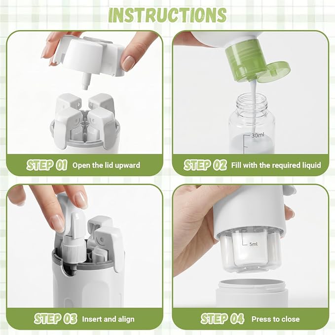 4 in 1 Travel Dispenser Bottle, Leakproof TSA Approved Containers | 2 pack refillable soap lotion pump for toiletries, shampoo & conditioner, portable compact size liquid accessories - Image 6