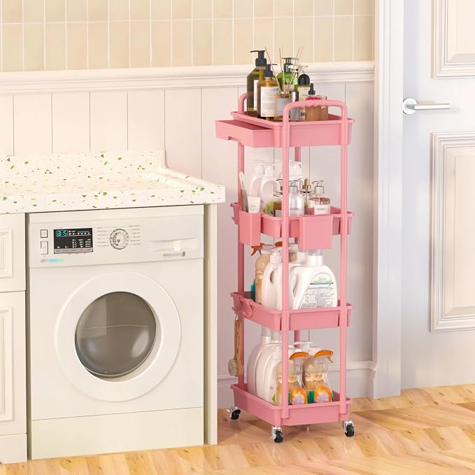 4 Tier Rolling Utility Cart with Drawer, Plastic Storage Organizer Rolling Carts with Wheels Handles Hanging Cups Hooks for Office, Bathroom, Kitchen,Craft Art Room (Pink) - Image 6