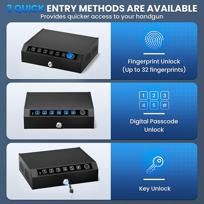 Biometric Gun Safe for Handguns, Gun Case Fits 2-3 Handguns | Fingerprint Pistol Safe, Nightstand, LED Light, Stealth Mode, Security Cable, Carbon Steel, Portable Lock Box, 1s Open - Image 3