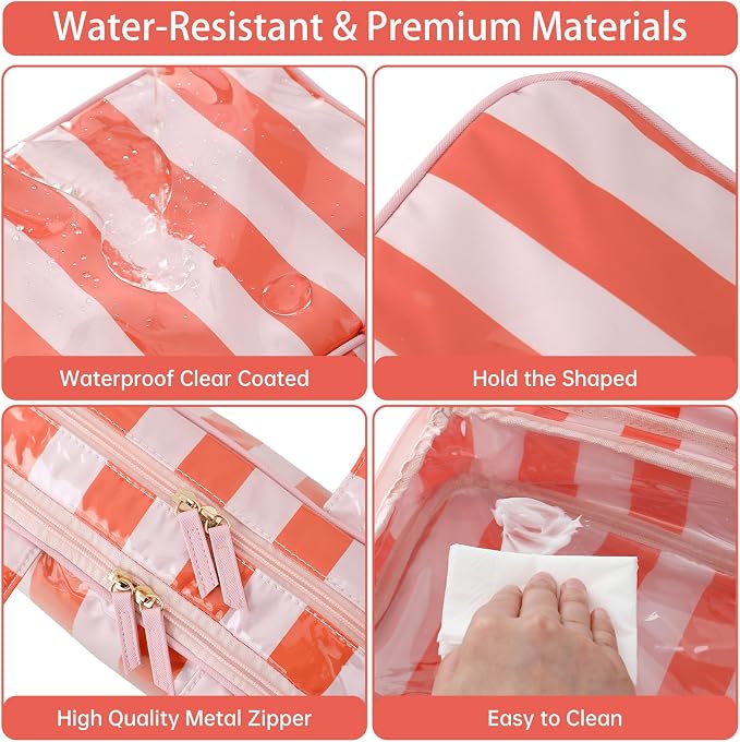 Toiletry Bag for Women, Pink and Orange Stripe | Clear Coated,Waterproof,Multiple Compartment,Open Flat,Handle,Travel Organizer for Shampoo,Conditioner,Cosmetic Accessories - Image 4