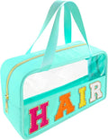 Bunliuys Chenille Letter Clear Makeup Bag Hair Patch, Travel Toiletry Makeup Bag with Handle, Nylon Waterproof Makeup Bags clear cosmetic bag, preppy patch makeup bag for Women (HAIR-Mint Green) by Bunliuys