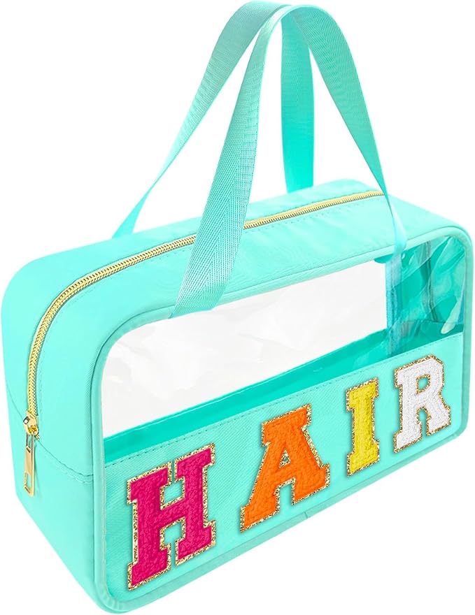 Bunliuys Chenille Letter Clear Makeup Bag Hair Patch, Travel Toiletry Makeup Bag with Handle, Nylon Waterproof Makeup Bags clear cosmetic bag, preppy patch makeup bag for Women (HAIR-Mint Green) by Bunliuys