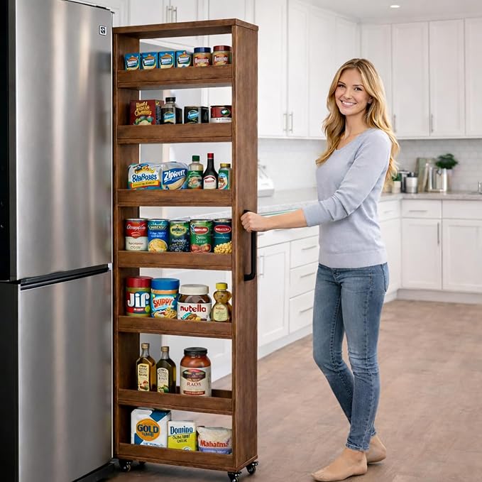 Beside Fridge Storage Slim Tall Cabinet - 7-Tier Tall Narrow Kitchen Pantry Pull Out Storage Cabinet Next To Fridge, Rolling Cart For Kitchen, Dorm, Bathroom, Laundry & Office (Walnut, 15.7 in) - Image 2