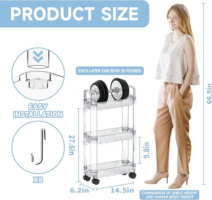 Clear 3 Tier Rolling Utility Cart with Wheels,Modern Bedside Cart for Baby Essentials,Nursery,Diaper Caddy,Baby Supplies,Rolling Storage Carts for Living Room,Bathroom,Kitchen,Book Cart - Image 3
