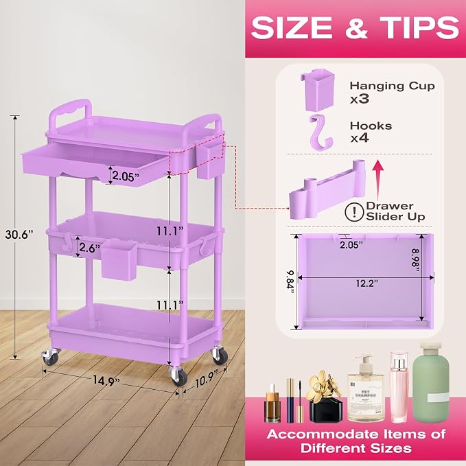 Goovilla Rolling Makeup Organizer Cart with Removable Drawer, 3 Tier Purple | Stable Floor Skincare Storage Cart for Vanity, Cosmetic Display, Nail Polish, Perfume, Hair Stuff, Beauty, Bathroom(Plastic) - Image 2