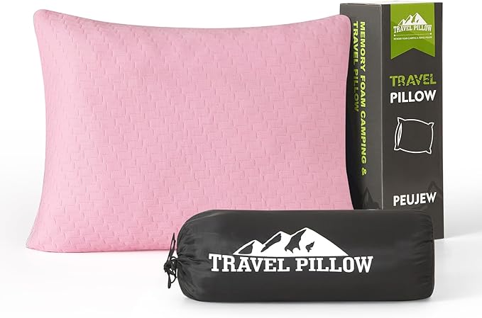 Small Shredded Memory Foam Pillow, Camping Pillow Travel Pillow - Compressible Medium Firm, Breathable Cover, Ideal Backpacking Hiking, Airplane and Car (Apricot Pink, S) by PEUJEW