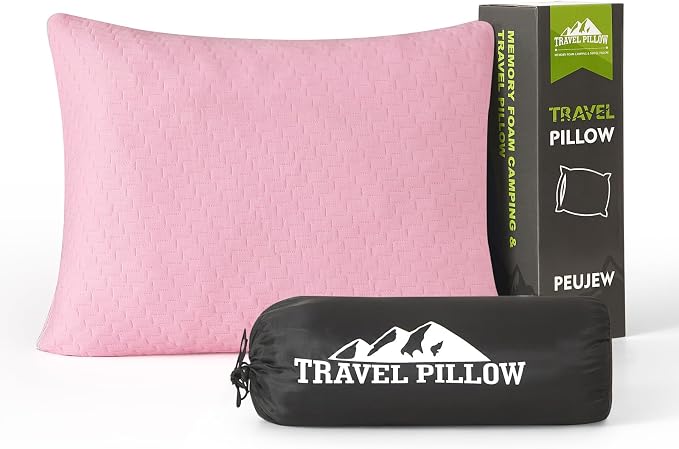 Small Shredded Memory Foam Pillow, Camping Pillow Travel Pillow - Compressible Medium Firm, Breathable Cover, Ideal Backpacking Hiking, Airplane and Car (Apricot Pink, L) by PEUJEW