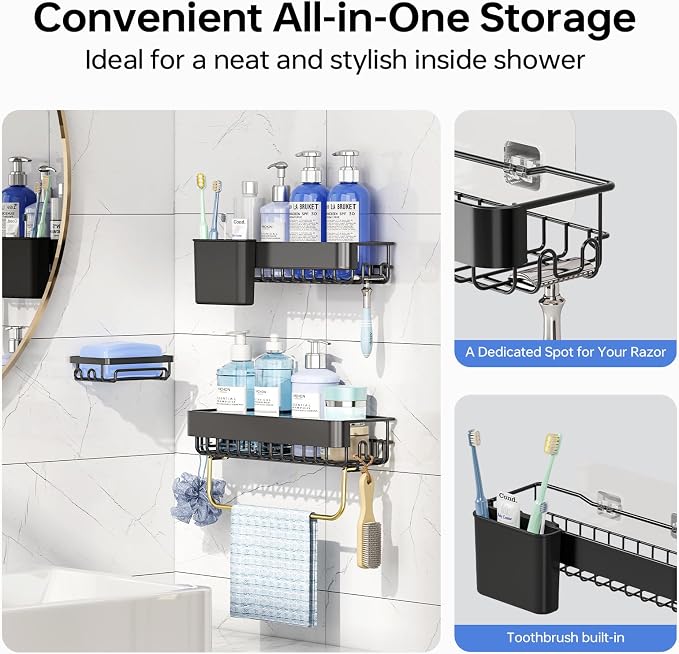 KINGRACK Shower Caddy Adhesive 4-Piece Rust-Resistant Shower Shelves, No-Drill Bathroom Shower Organizer with Large Capacity for Bathroom, Kitchen, and Laundry,Black - Image 5
