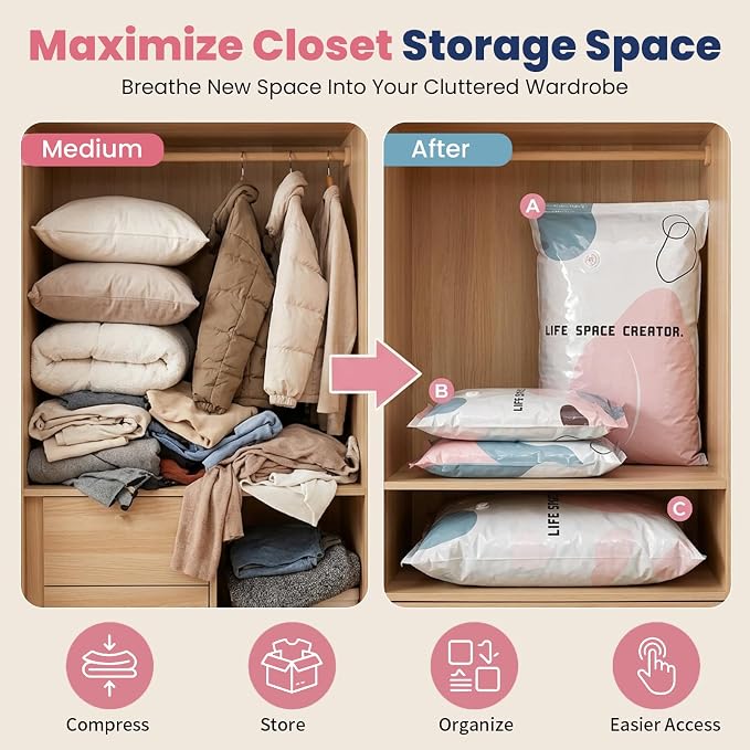 3PC No Pump Vacuum Storage Bags, No Pump Large Vacuum Storage Compression Bags, Thick Airtight Reusable Organizer for Clothes Comforters Travel Moving Closet Storage (M) - Image 6