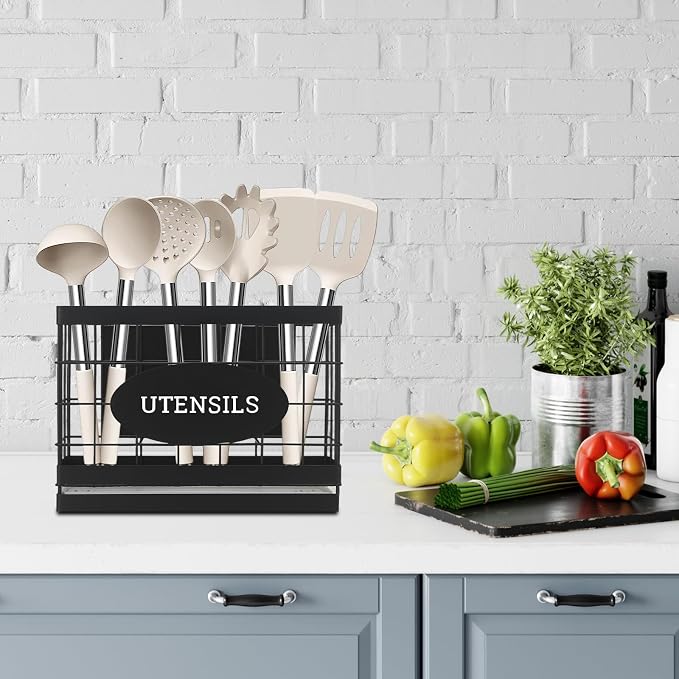 Magnetic Utensil Holder for Fridge Large Silverware Organizer Kitchen Utensil Organizer with Draining Kitchen Counter Sturdy Black Metal Cooking Caddy Storage for Silicone Spatula Fork Spoon - Image 7