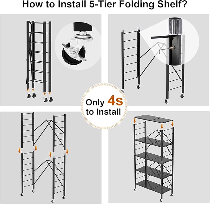 Himix 5-Tier Foldable Expandable Storage Shelves Wheels Kitchen 2-in-1 Rack | Folding shelving units, Metal collapsible organization, Changeable into 2 shelf units, Adjustable, Garage, Holds 2400 Ibs - Image 5