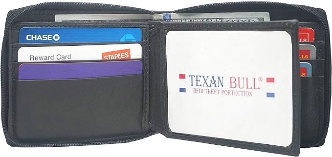 RFID Men's Leather Zipper wallet Zip Around Wallet Bifold Multi Card Holder (Black) - Image 3