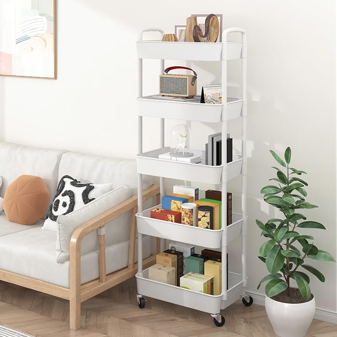 Sywhitta 5-Tier Plastic Rolling Utility Cart with Wheels for Storage,White | Multi-Functional Storage Trolley, for Office, Living Room, Kitchen, Bathroom,Movable Organizer,Space-Saving,Easy to assemble - Image 7
