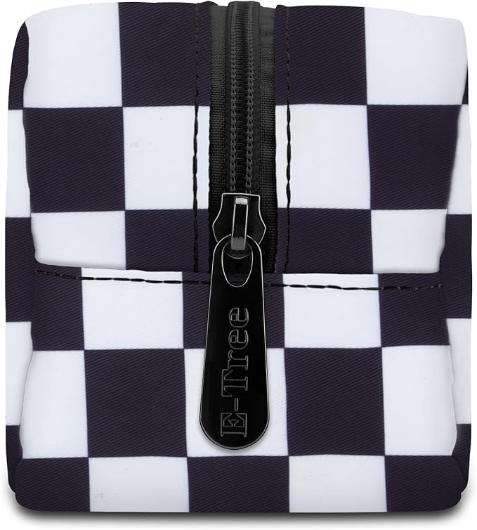 E-Tree Cute Makeup Bag,Medium Travel Make up Pouch for Purse,Zipper Toiletry Cosmetic Brush Skin Care Case for Women Man,Tech Electronic Organizer,Small Canvas Storage for Personal Items,Checkered - Image 3