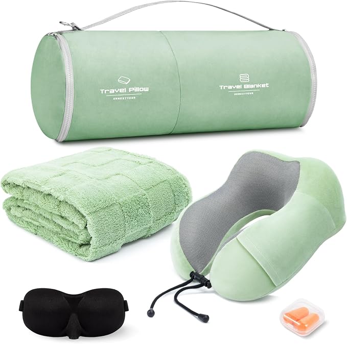 urnexttour Travel Pillow and Blanket Set Neck Pillow Airplane Foam Sage | 43x60 Inch Plane Blanket, Traveling Compact Storage Bag, Eye Mask, and Earplugs for Ultimate Flight Comfort, Women and Men by Urnexttour