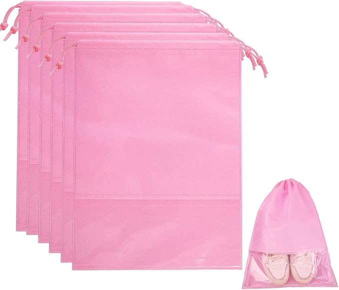6 Pcs Travel Shoe Bags, ULIFEMALL Large Non-Woven Drawstring Shoes Storage Bag with Transparent Slot Clear Window Portable Waterproof Dustproof Shoes Pouch Packing Organizer for Men Women, Pink by Unknown