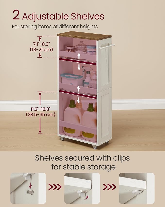 VASAGLE 4-Tier Slide-Out Storage Cart, Slim Kitchen Cart for Small Spaces, with Wheels, Handle, Bathroom, Laundry Room, 7.9 x 17 x 34.1 Inches, Rustic White and Honey Brown ULRC051K01 - Image 3