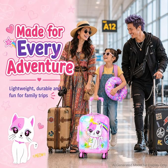 Kids Luggage Set with Wheels, Lightweight Hardshell Spinner Suitcase 2PCS - Airplane Approved Carry-On for Girls & Children Ages 3-10, Pink Cat Rolling Suitcases for Elementary Toddler Travel - Image 6
