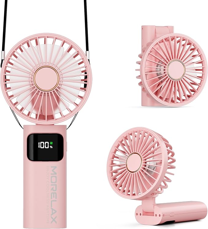 Portable Handheld Fan, USB Rechargeable Foldable Mini Personal Fan, 5200mAh, 180 Adjustable, 6 Speed Wind, 3 IN 1 Hand Cooling Desk Fan with LED Display for Home Office School Outdoor Travel, Pink by Morelax