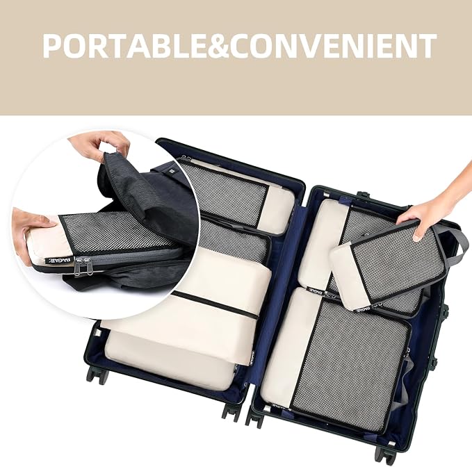 BAGAIL 4 Set/6 Set/8 Set Compression Packing Cubes Travel Accessories Expandable Packing Organizers (Half Mesh, 6-Beige) - Image 7