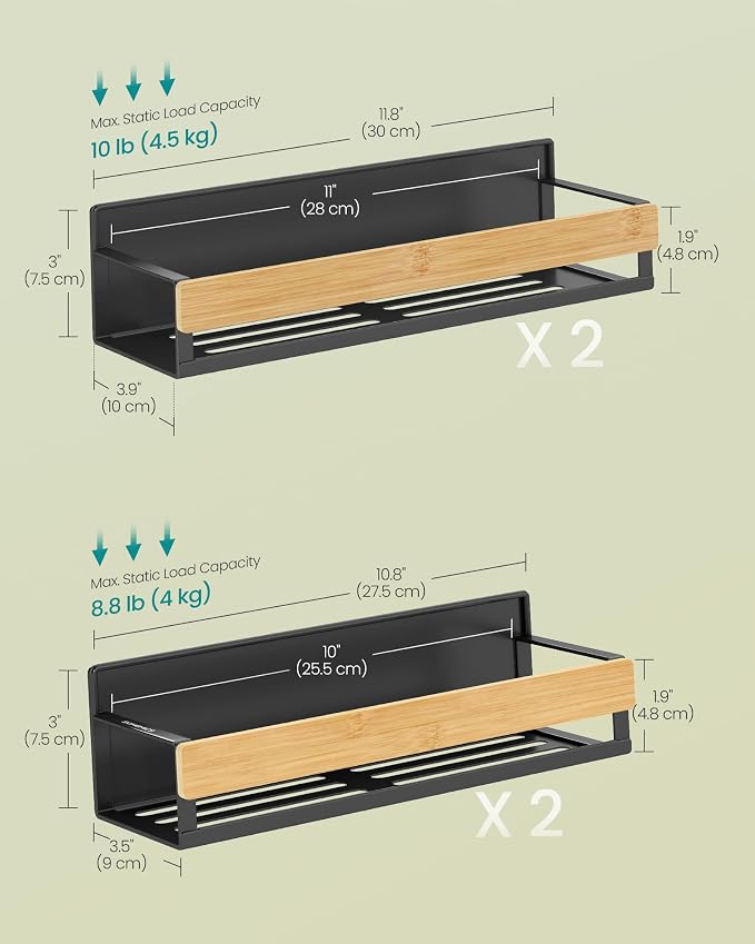 SONGMICS 4-Pack Strong Magnetic Real Bamboo Spice Racks for Fridge | Kitchen Organizer Shelf, 11.8 x 4.1 x 3 / 10.6 x 3.6 x 3 in, Ink Black and Light Bamboo, BYSTRO Collection, UKCS062BH01 - Image 6
