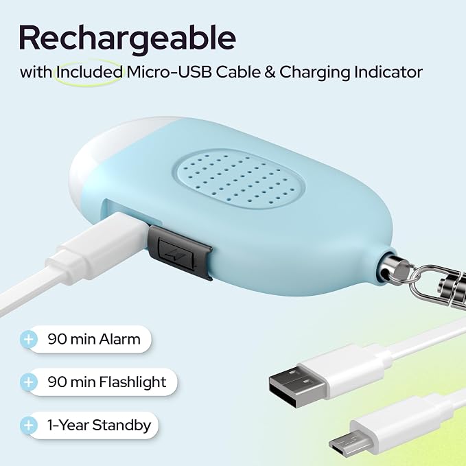 Rechargeable Personal Alarm Keychain, 130dB Siren, LED Light, Blue | Stylish Personal Safety Alert for Women to Carry, Panic Button Alarm for Security - Image 4