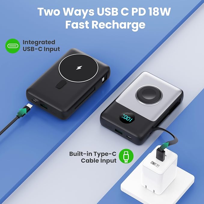 Magnetic Portable Charger 10800mAh with Built-in Cables,Wireless Power Bank for Magsafe,25W PD Fast Charging USB-C Travel Essentials Battery Pack for iPhone 17/16/15/14/13/12 Series,Apple Watch-Black - Image 6