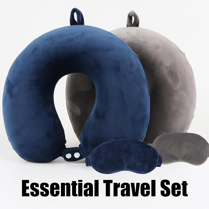Pure Memory Foam Travel Pillow Set for Adults - Comfortable & Removable Machine Washable Cover, Neck Support Pillow Airplane Travel Kit with Eye Mask for Portable Plane Accessories -Dark Blue - Image 6