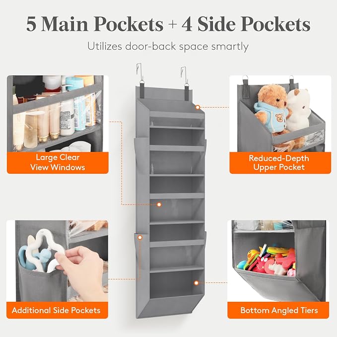 Lifewit 1 Pack Over the Door Organizer, Clear Window Hanging Storage with 4 Side Pockets, Anti Tilt 40 lbs Load Behind Door for Pantry, Nursery, Bathroom, Bedroom, Dorm, 5 Section, Gray - Image 3