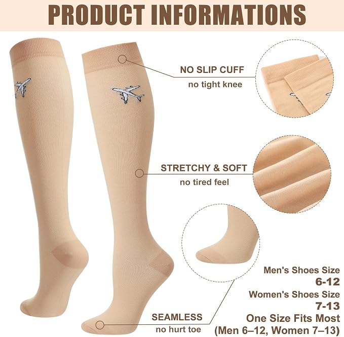 Skicuff 4 Pairs Travel Compression Socks for Women Men | 15-25mmhg Graduated Knee High Socks, Flying Support Stockings for Long Haul Flight, Nurses, Airplane, Travel, Pregnancy - Image 3