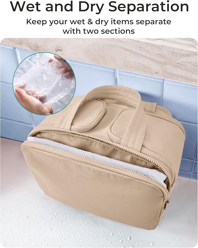 BAGSMART Travel Toiletry Bag, Puffy Toiletry Bag for Women, Wide-open toiletry bags for traveling, Large Travel Cosmetic Makeup Bag Organizer for Accessories,Toiletrie (Khaki) - Image 5