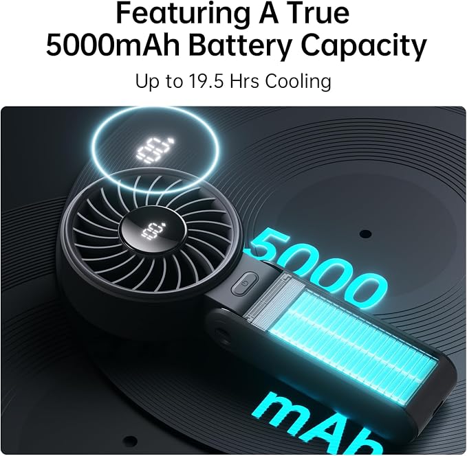 JISULIFE Portable Handheld Fan Life7: 3-in-1 Hand, Desk & Neck Fan-Black | 19.5H Max Cooling, 5-Speed, LED Display, 5000mAh Rechargeable,USB Foldable Fan for Travel/Concerts/Cruise/Sports Events/Gifts - Image 4
