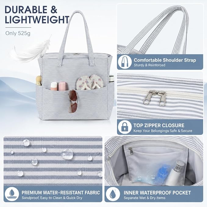 LEDAOU Beach Bag Waterproof Sandproof Women Beach Tote Pool Bag with Zipper for Swim Gym Grocery Travel with Wet Pocket | Sandproof - Image 8