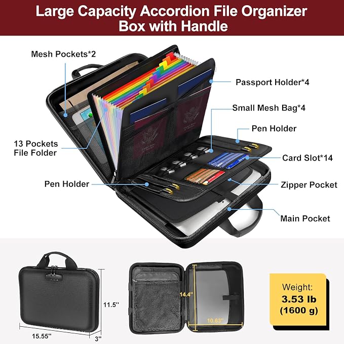 Fireproof Document Organizer with Lock for Important Documents, File | 13-Pocket Accordion Folder, Fire & Water-Resistant, Portable Home Office Travel Safe Box Storage for Laptop, Hard-Shell Case - Image 3