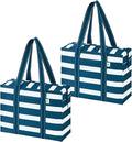 VENO 2 Pack Utility Tote Reusable Grocery Bags with Zipper & Hard Bottom | Heavy Duty Foldable Water-Resistant Shopping Bags for Summer Beach, Picnic & Travel Carry-on (Classic Navy Stripe, 2 Pack) by Veno