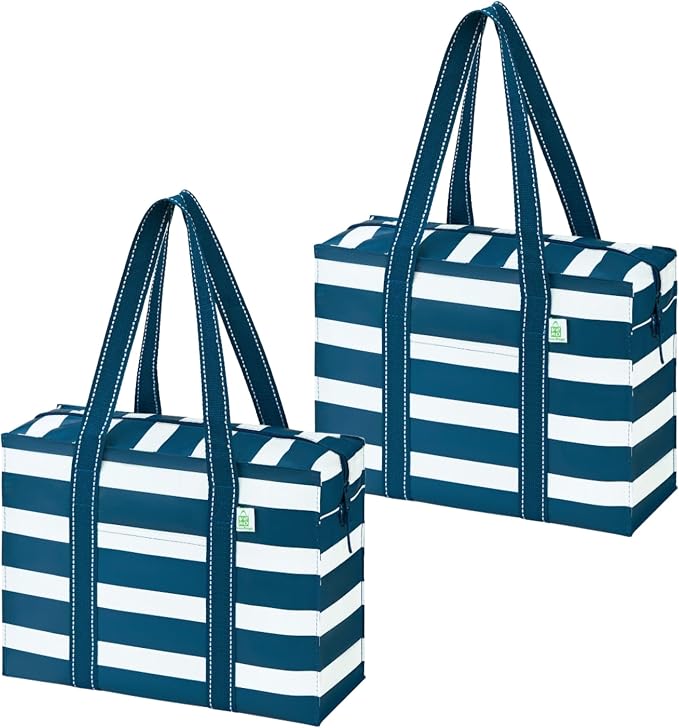 VENO 2 Pack Utility Tote Reusable Grocery Bags with Zipper & Hard Bottom | Heavy Duty Foldable Water-Resistant Shopping Bags for Summer Beach, Picnic & Travel Carry-on (Classic Navy Stripe, 2 Pack) by Veno