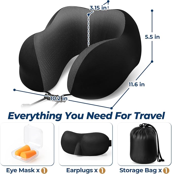 ExploreBliss Travel Pillow, Memory Foam Neck Pillow Airplane, Black | Travel Pillows for Airplanes, Neck Pillow Airplane, Memory Foam Neck Pillow Set with Eye Mask, Earplugs - Image 2