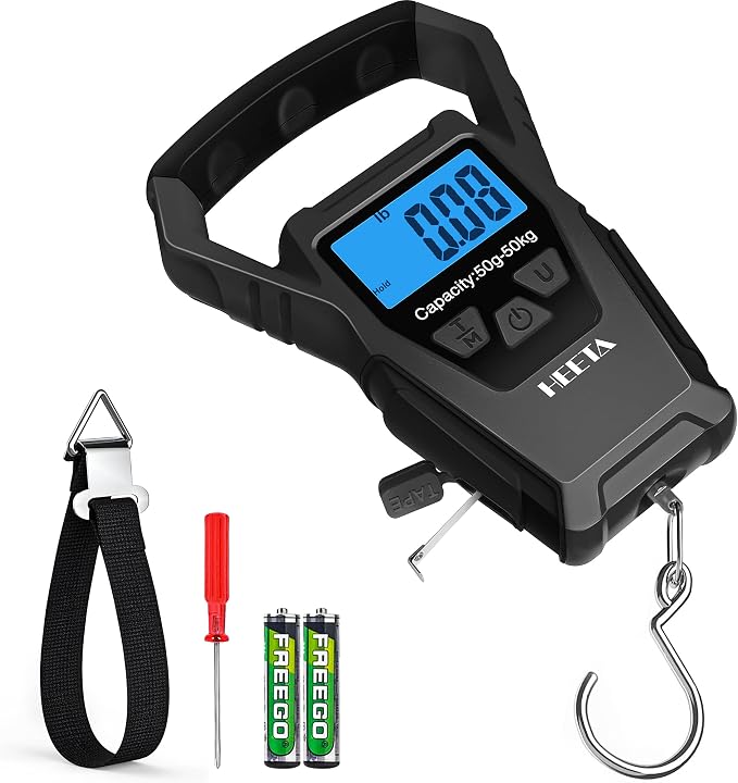 HEETA Waterproof Fish Scale Digital Hanging Fishing Luggage Weight Scale | Up 110lb/50kg Portable Scale with Backlit LCD Display, for Home & Outdoor, Measuring Tape and 2 AAA Batteries Included by HEETA